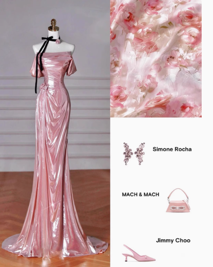 Classy Mermaid Off The Shoulder Pink Sequin Long Prom Dresses Formal Gown Summer Wedding Guest Dresses Wedding Guest Outfit W0732