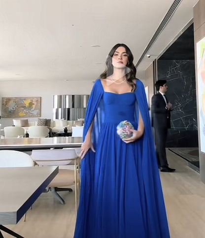 Classy A Line Sweetheart Royal Blue Long Sleeves Chiffon Formal Long Prom Gown Summer Wedding Guest Dress Bridal Guest Dresses Wedding Outfits For Guest W1098