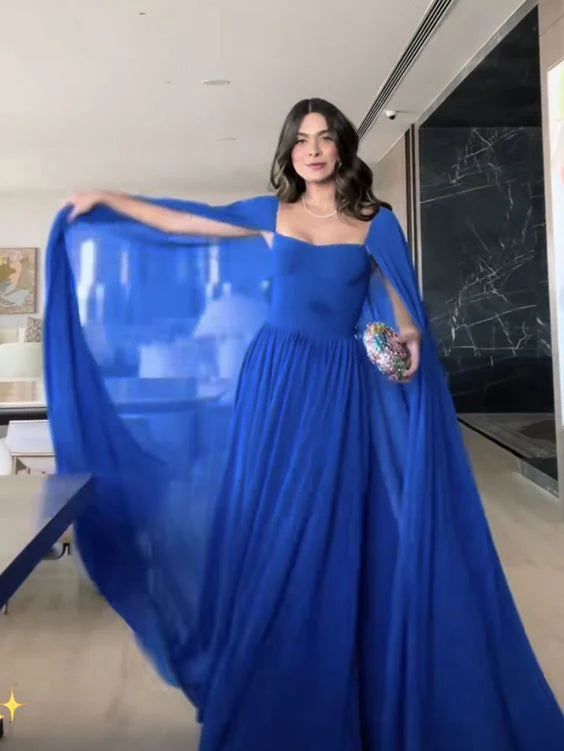 Classy A Line Sweetheart Royal Blue Long Sleeves Chiffon Formal Long Prom Gown Summer Wedding Guest Dress Bridal Guest Dresses Wedding Outfits For Guest W1098