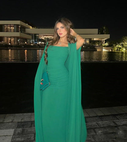 Classy A Line Strapless Green Long Sleeves Chiffon Formal Long Prom Gown Summer Wedding Guest Dress Bridal Guest Dresses Wedding Outfits For Guest W1100