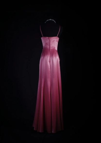 Elegant Pink Satin Pleated Mermaid Long Wedding Guest Dress Formal Party Dress D2008