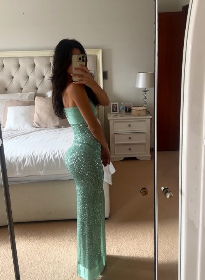 Sparkly Strapless Green Sequin Mermaid Prom Dress Long Party Gown With Ribbon