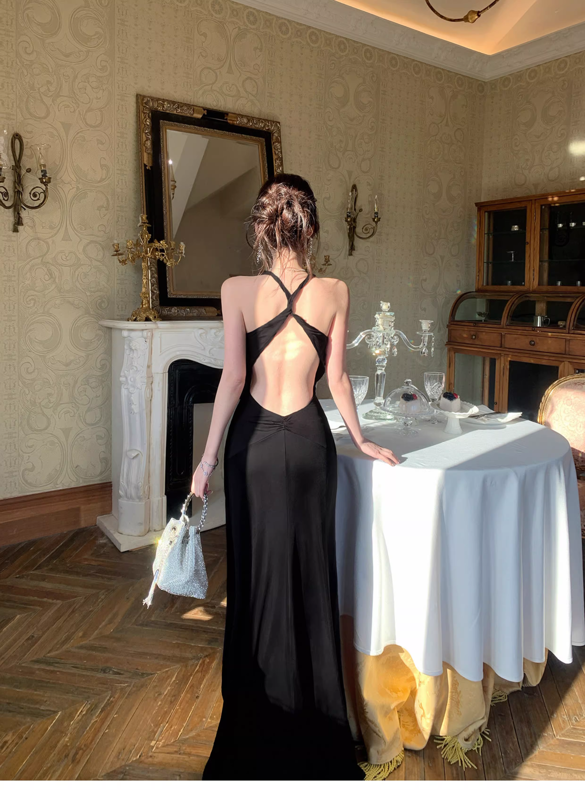 Sexy Black Neck Satin Mermaid Evening Dress Backless Long Wedding Guest Dress SP1538
