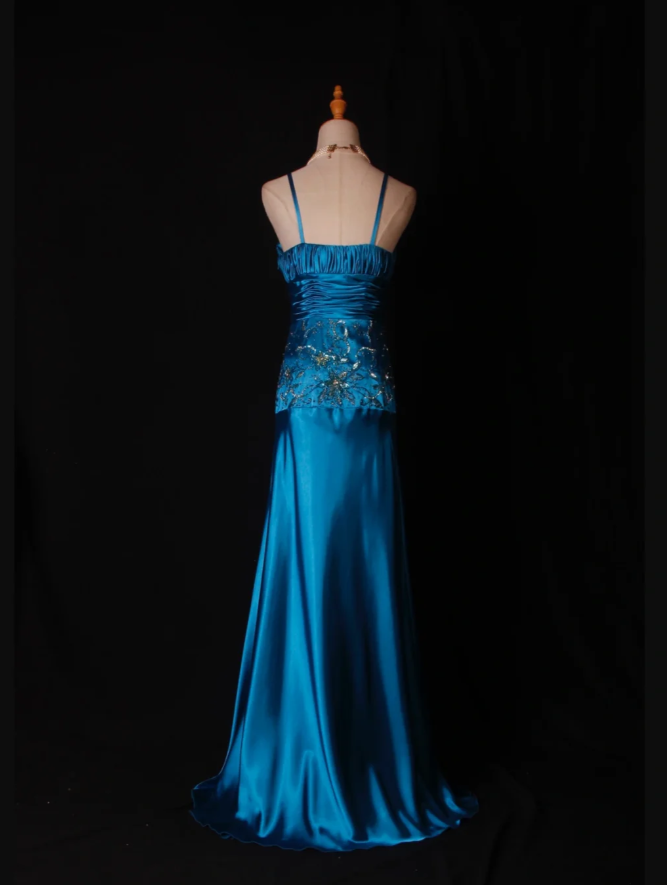 Stylish Spaghetti Straps Blue V Neck Satin Beaded Mermaid Long Evening Dress Birthday Dress D2278