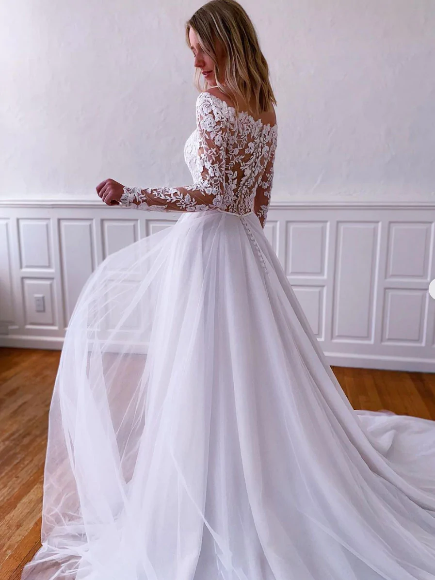 White lace tulle long prom dress, white lace tulle evening dress Y251