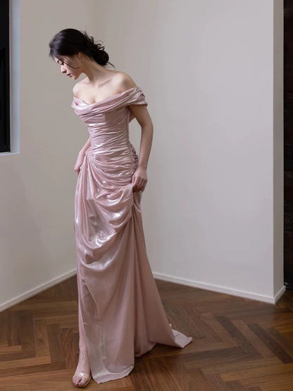 Elegant Mermaid Off The Shoulder Pink Satin Short Sleeves Long Evening Party Gowns Evening Formal Dresses Prom Dress W801