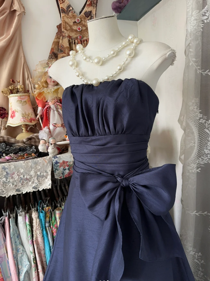Elegant Navy Blue Strapless Satin Bow A Line Long Wedding Guest Dress Party Dress D1651