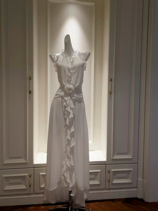 Elegant A line Halter White Sleeveless Chiffon Long Evening Party Gowns Evening Formal Dresses Prom Dress W885