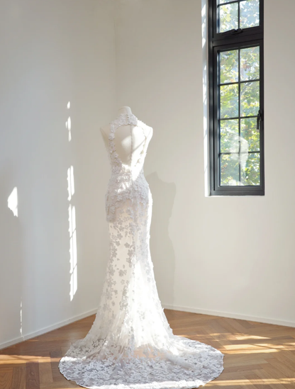 Pretty Sleeveless white Tulle Appliques Mermaid Long Wedding Dress Bridal Dress D2156