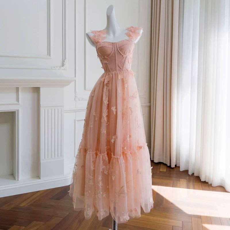 Elegant A line Straps Blush Pink Lace Sleeveless Long Evening Party Gowns Evening Formal Dresses Prom Dress W945
