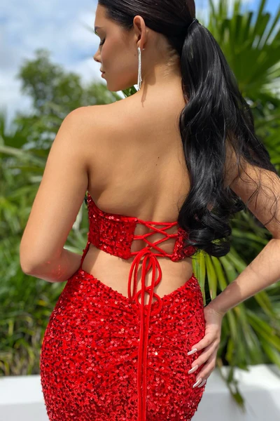 Burgundy Sweetheart Mermaid Sequin Prom Dress with High Slit Y149