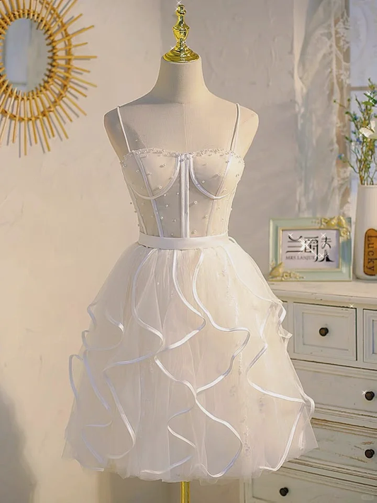 Cute White Tulle Ruffles Beaded A Line Short Prom Dress 22nd Birthday Outfits D356