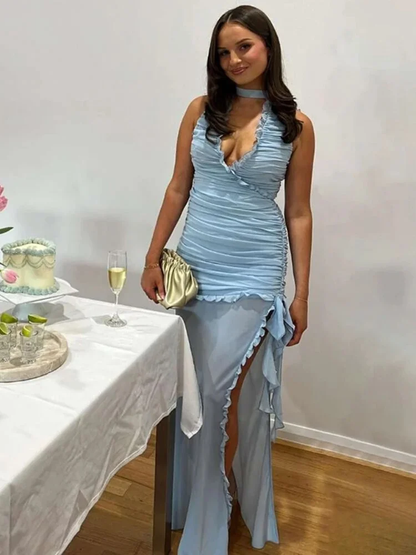 Deep V Neck Long Evening Dress,Sexy Blue Chiffon Ruffles Party Dress Prom Dress Y8702