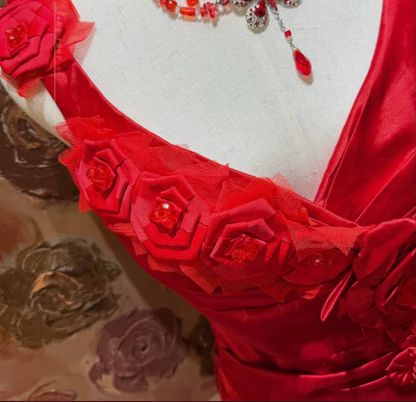 Elegant Red V Neck Satin Mermaid Long party Dress Birthday Outfits With 3D Flowers SP1779
