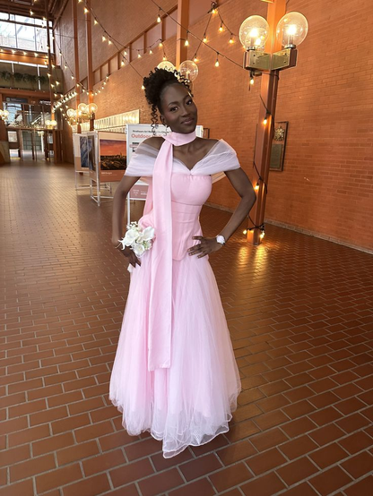 Sweet Off The Shoulder Pink Tulle Satin A Line Long Wedding Guest Dress Formal Bridesmaid Dress D1963