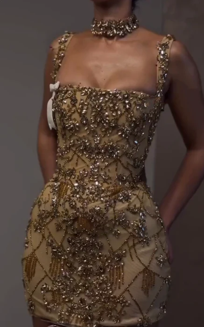 Luxury Sheath Square Neck Gold Short Formal Grade Homecoming Dresses Gold Cocktail Dress S337