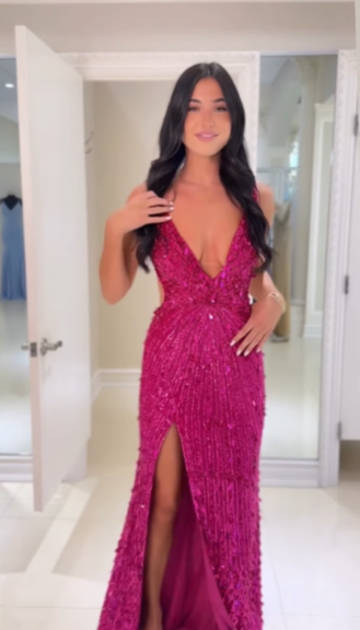 Gorgeous V Neck Sequin Beaded Mermaid Slit Evening Dress Long Party Dress D907