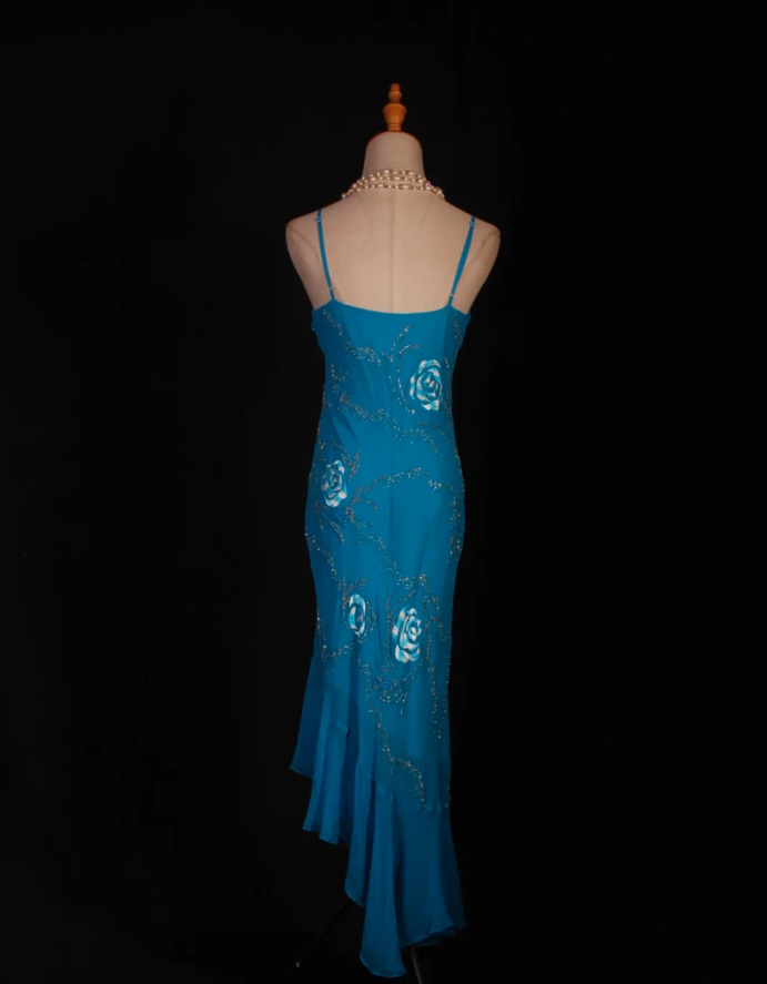 Pretty Blue Spaghetti Straps Embroidery Floral Chiffon Beaded Mermaid Long Prom Dress Party Gowns