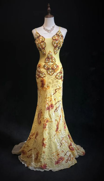 Gorgeous Yellow Spaghetti Straps Satin Beaded Mermaid Party Dress Long Prom Gown