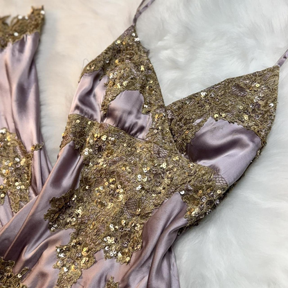 Classy Spaghetti Straps Purple Satin Gold Appliques Side Slit Long Prom Dress Party Dress Y9715