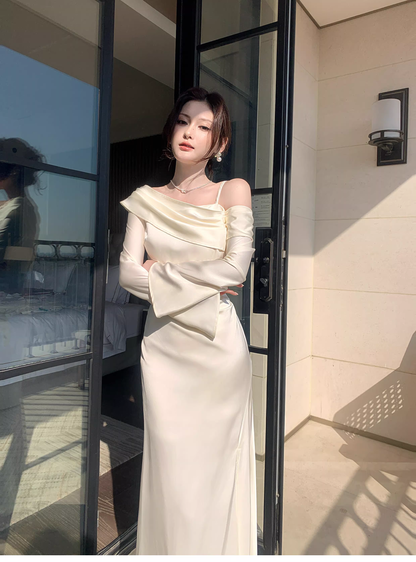 Classy Light Apricot Off The Shoulder Mermaid Slit Long Party Dress Prom Gown Formal Wedding Guest Dress SP1494