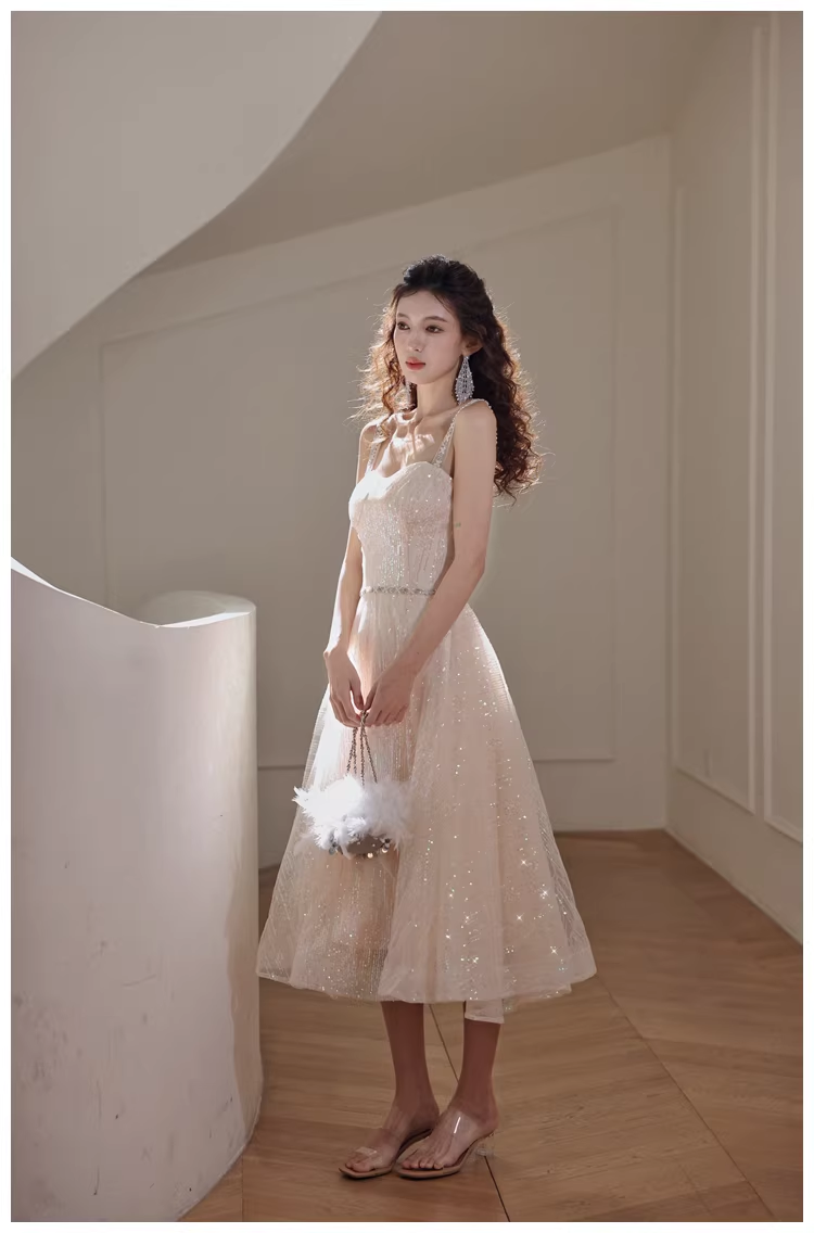 Elegant Light Champagne Tulle Sequin Beaded A Line Mid Length Birthday Prom Dress Evening Gown