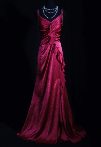 Pretty V Neck Hot Pink Satin Pleated Beaded Ruffles Mermaid Evening Dress Long Prom Dress D1202
