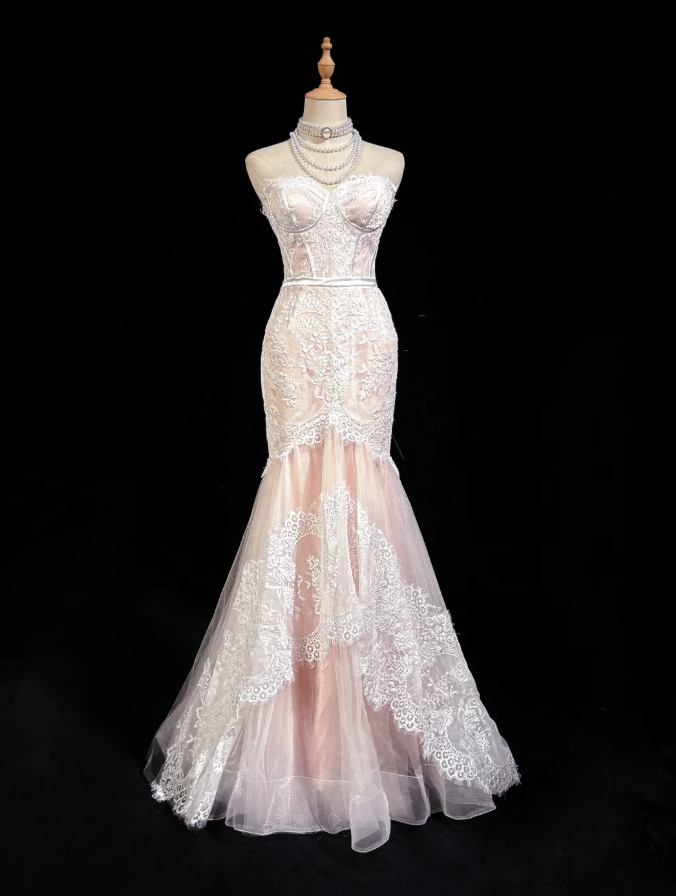 Pretty Strapless Light Pink Tulle Lace Appliques Mermaid Long Evening Dress Formal Wedding Guest Dress D2075