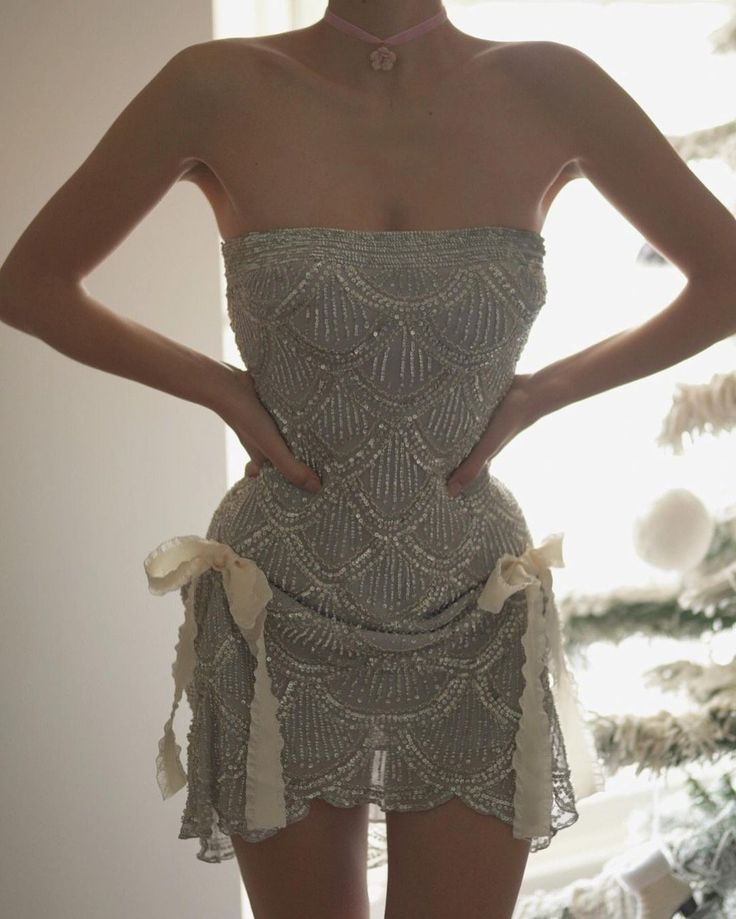 Vintage Silver Strapless Sequin Beaded Sheath Cocktail Dress Homecoming Dress Y8950