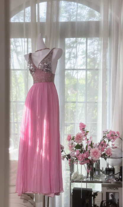 Pretty Pink V Neck Sequin Chiffon A Line Long Wedding Guest Dress Formal Party Dress Prom Dresses D2093