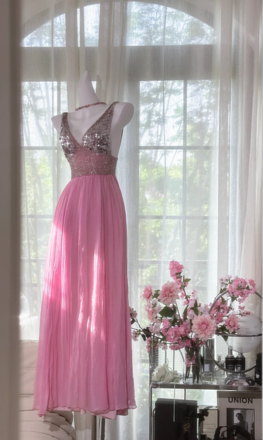 Pretty Pink V Neck Sequin Chiffon A Line Long Wedding Guest Dress Formal Party Dress Prom Dresses D2093