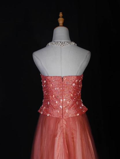 Sweet Strapless Tulle Beaded A Line Long Wedding Guest Dress Formal Birthday Evening Dress D2280