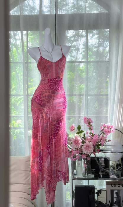 Unique Pink Spaghetti Straps Chiffon V Neck Mermaid Party Dress Long Prom Dress D978