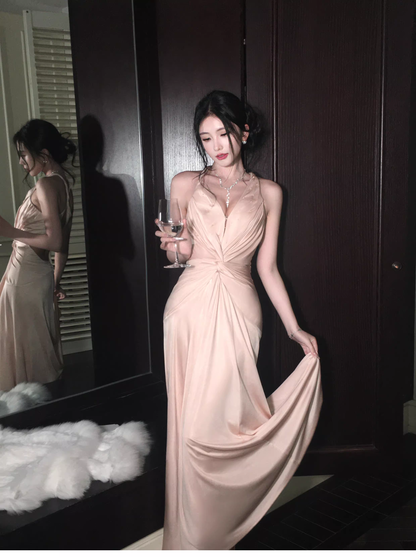 Classy Coral Powder Halter V Neck Satin Beaded Mermaid Long Party Dress Backless Evening Gown