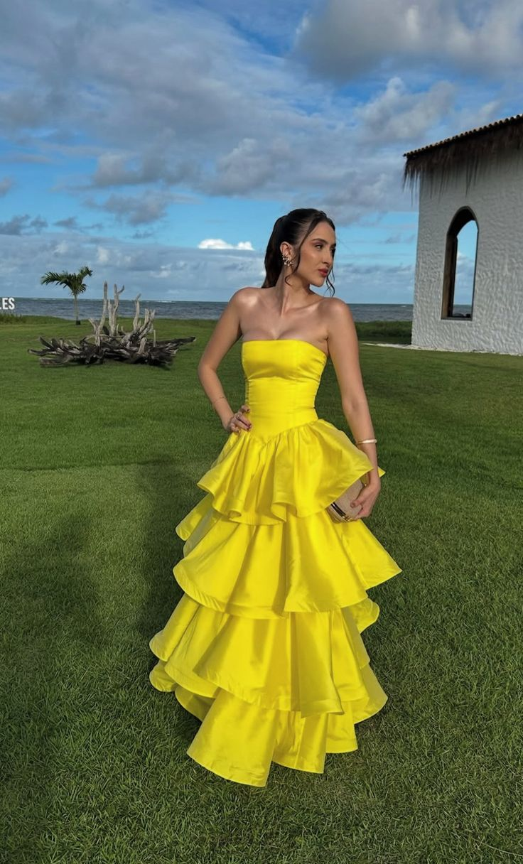 Fashion Yellow Strapless Satin Layered A Line Long Wedding Guest Dress Formal Evening Gown