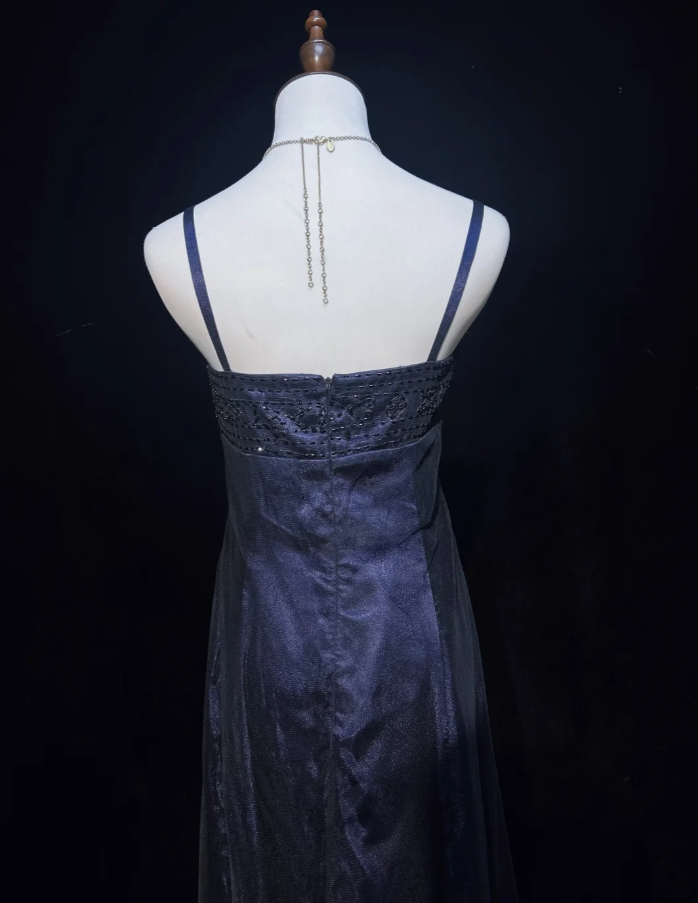 Gorgeous Spaghetti Straps Navy Blue Satin Beaded Long Party Dress Evening Dresses D1845