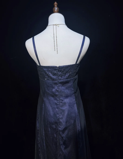 Gorgeous Spaghetti Straps Navy Blue Satin Beaded Long Party Dress Evening Dresses D1845