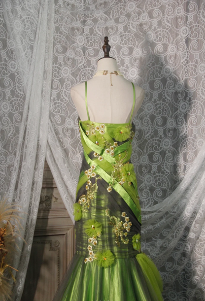 Vintage Green Spaghetti Straps Satin Tulle Appliques Mermaid Prom Dress Long Evening Dress D2250