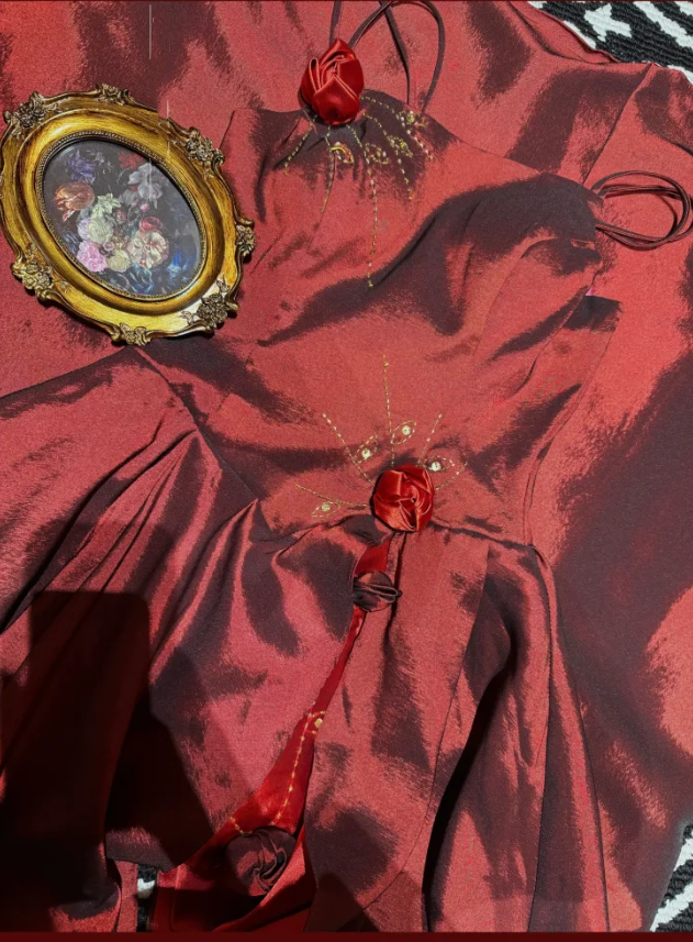 Vintage Spaghetti Straps Satin Beaded A Line Long Wedding Guest Dress,Burgundy Birthday Party Dress With 3D Flowers D2053