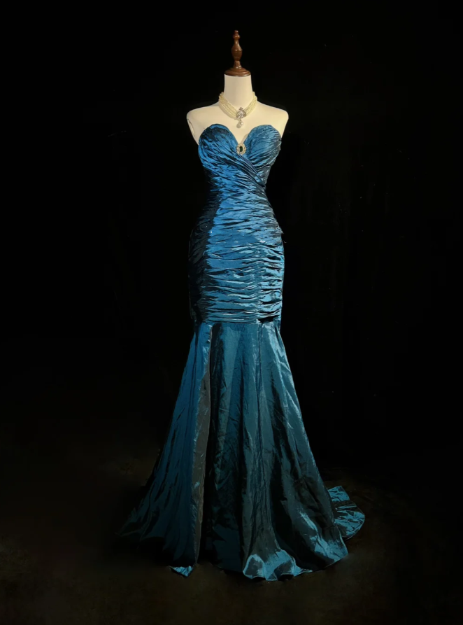 Vintage Strapless Navy Blue Satin Pleated Beaded Mermaid Long Party Dress Evening Dress D1996