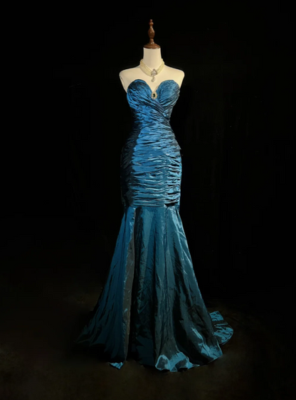 Vintage Strapless Navy Blue Satin Pleated Beaded Mermaid Long Party Dress Evening Dress D1996