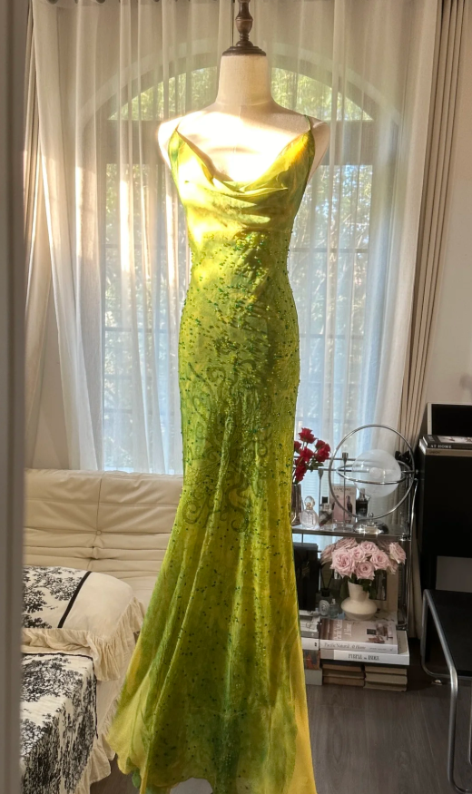Chic Ombre Green Chiffon Beaded Mermaid Long Party Dress Formal Birthday Prom Dress D2299
