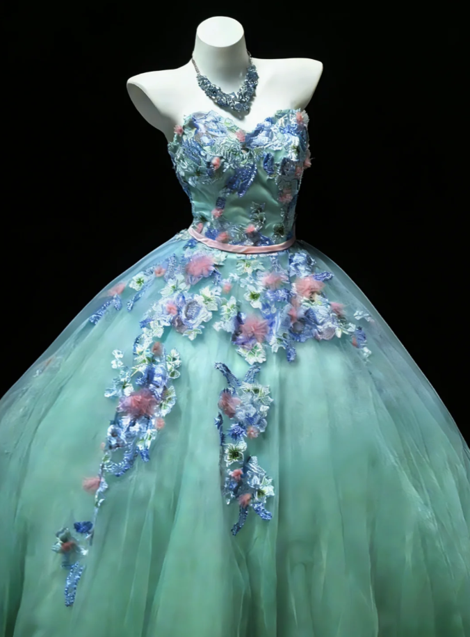 Glamorous Green Strapless Tulle Appliques Quinceanera Dress Sweet 16 Dress SP1586