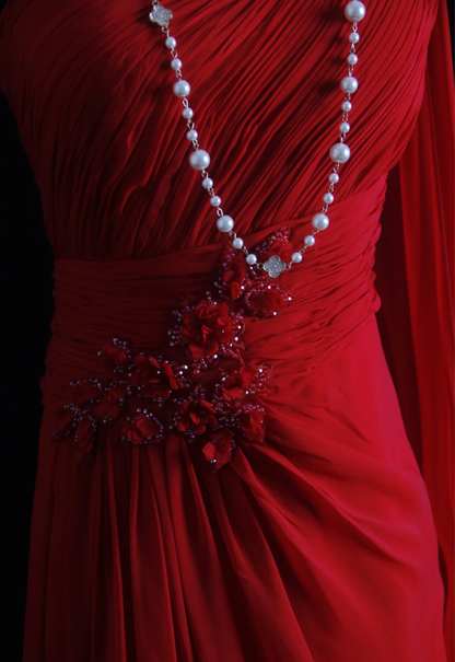 Classy One Shoulder Red Chiffon Beaded Mermaid Long Party Dress Formal Wedding Guest Dress D1997
