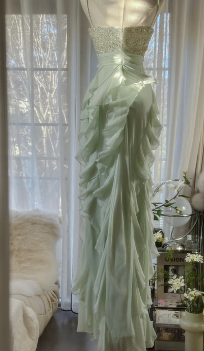 Glamorous Spaghetti Straps Green Beaded Chiffon Ruffles Long Party Dress Evening Gown
