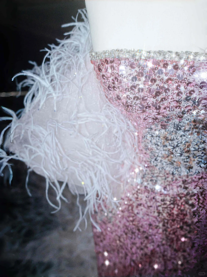 Fairy Pink Strapless Sequins Feathers Mermaid Evening Dress,Slit Prom Dress Y8660