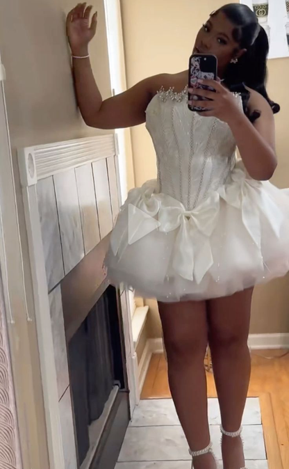 White Strapless A-Line Tulle Birthday Outfits Short Party Dress Classy  Graduation Homecoming Dress S498