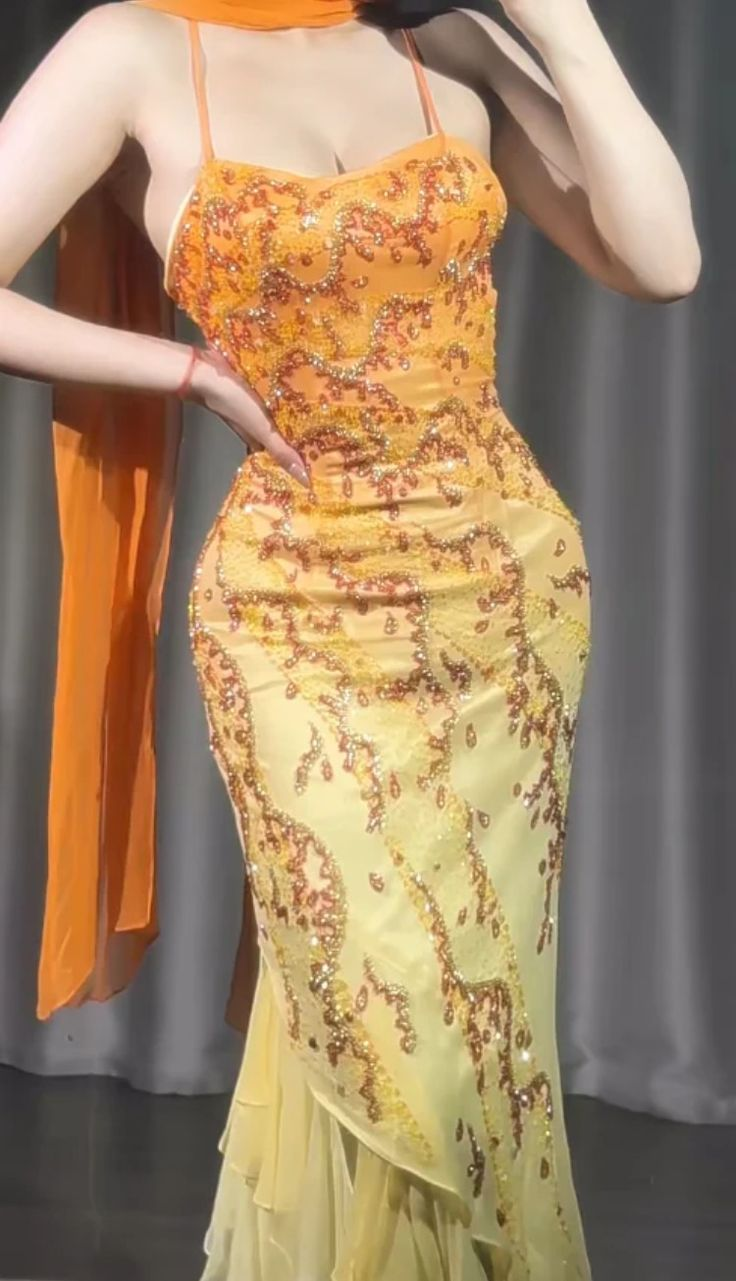 Pretty Spaghetti Straps Ombre Yellow Chiffon Sequin Beaded Mermaid Party Dress Long Prom Dresses SP1266