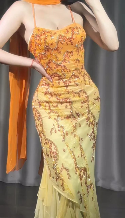 Pretty Spaghetti Straps Ombre Yellow Chiffon Sequin Beaded Mermaid Party Dress Long Prom Dresses SP1266