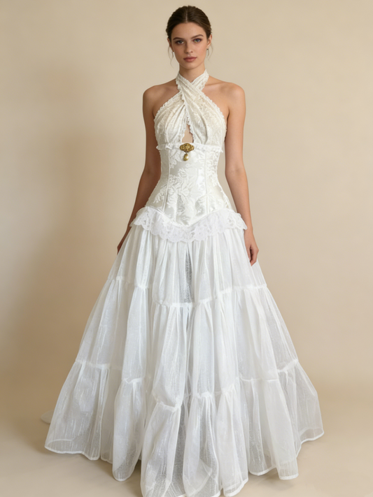 White Halter Neck A-Line Lace Vintage Wedding Dress Long Party Dresses, D848